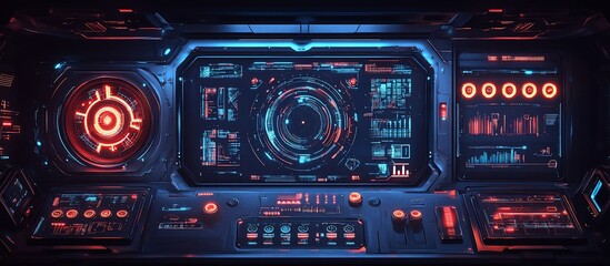 Obraz premium Futuristic Spaceship Control Panel: Neon Lights and Digital Interface