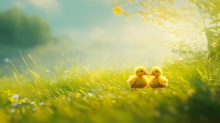 Two Ducklings Waddling in Sunlight.