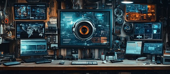 Fototapeta premium High-Tech Surveillance Command Center: A Futuristic Hacker's Workstation