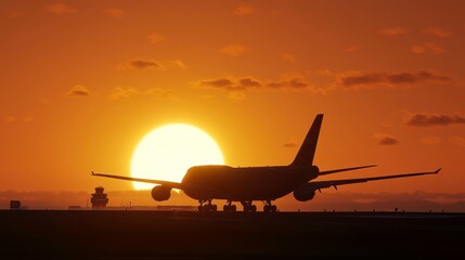 Fototapeta premium Aircraft Silhouette at Sunset with Control Tower Background