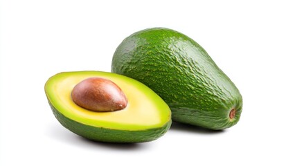 A whole and halved avocado showcasing its creamy flesh and seed.