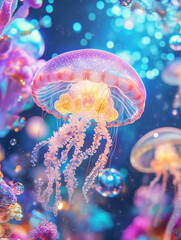 Obraz premium Group of jellyfish are floating in a colorful underwater scene