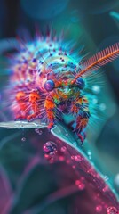Vibrant iridescent insect on leaf with water droplets.