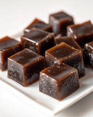 Indulge in the Delicate Elegance of Dark Jelly Cubes on a Clean Plate Background, Perfect for Culinary Experiences, Desserts, and Gourmet Showcases
