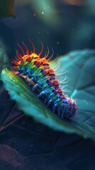 Vibrant rainbow caterpillar on a teal leaf.