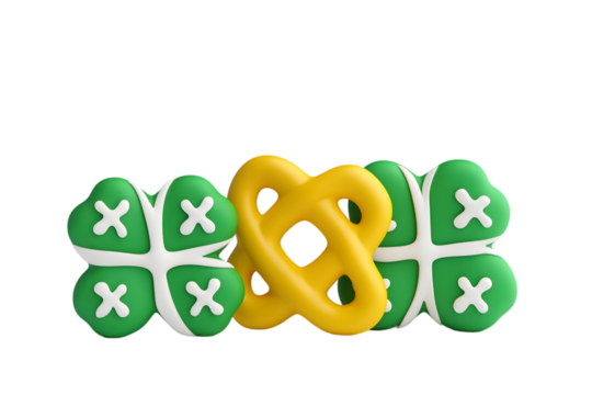 Green and gold 3D "XOX" and ampersand symbols, love or game concept icons, isolated on transparent background.