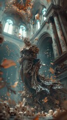 Decaying statue in grand cathedral, surrounded by skulls and falling leaves.