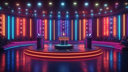 Modern game show set with vibrant neon lighting. Contestant podiums, audience seating visible. Audience watches contestants engage in competition. Intriguing interactive design for entertainment.