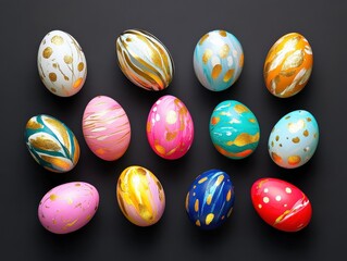 Obraz premium An eclectic mix of vibrantly decorated eggs displays unique artistic styles and evokes feelings of creativity and joy.