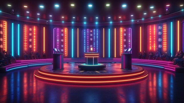 Modern game show set with vibrant neon lighting. Contestant podiums, audience seating visible. Audience watches contestants engage in competition. Intriguing interactive design for entertainment.