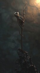 Chameleon perched atop a tall, thin branch on a dark rock against a dramatic sunset sky.