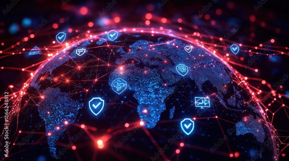 Poster global network connections visualizing cybersecurity icons. digital globe shows secure global tech s