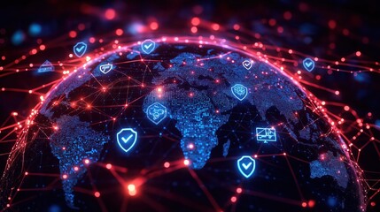 Global network connections visualizing cybersecurity icons. Digital globe shows secure global tech system. Network connections, data protection. Illustration of digital world with global security