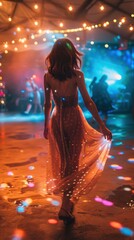 Woman in sparkly gown at party, back view, lights.