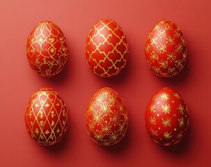 A collection of six ornate red eggs featuring intricate gold patterns, symbolizing tradition and elegance.