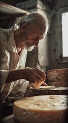 Elderly artisan carefully crafting cheese in his workshop.
