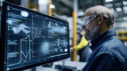 Worker uses tech inventory tracking system. Digital interface shows data analysis, metrics. Manufacturing facility background suggests industrial setting. Modern tech solution optimizes workflow,