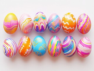 Fototapeta premium A striking arrangement of marbled Easter eggs showcasing vivid colors and intricate swirling patterns on a bright surface.