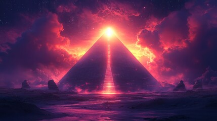 Glowing pyramid path to heaven, fiery sunset cloudscape.