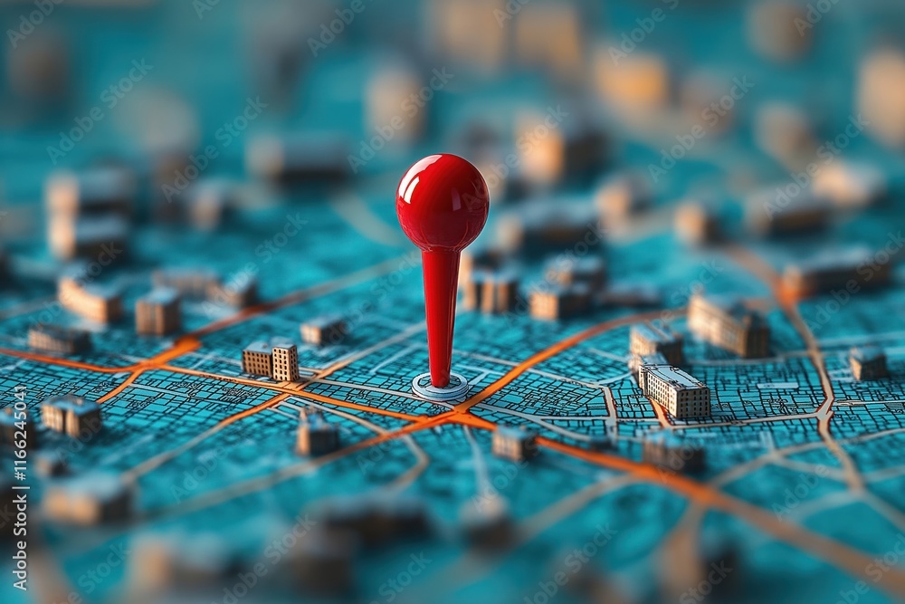 Poster digital city map shows precise location marked by red pin. interactive tech map highlights urban pla