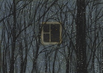 Snow is falling, warm light in the window. Winter illustration with snowfall and thickets of trees for postcard. It is nice to be at home when it is frosty and cold outside