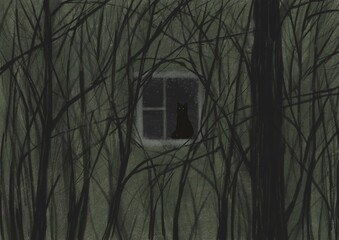 Black cat with bright green eyes sits in a dark window. Thickets of trees, branches, night, winter. Mystical illustration for postcard
