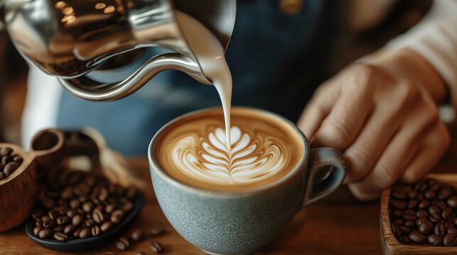 Barista expertly pours milk into cup of coffee, creating beautiful latte art. Aromatic coffee beans displayed nearby. Cafe scene. Coffee shop ambiance. Hot drink. Latte art design. Espresso. Milk
