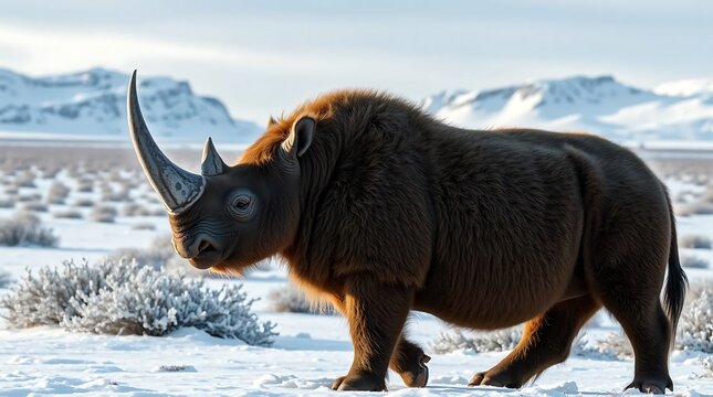 Woolly rhinoceros (Coelodonta Antiquitatis) standing on snowy plains with mountains in the background