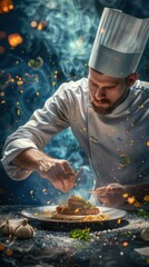 Chef plating gourmet dish with dramatic smoke and sparks.