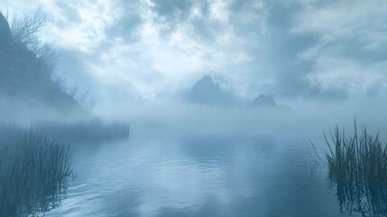 Misty Mountain Lake Scene With Reeds