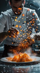 Chef preparing gourmet dish with dramatic lighting and smoke effects.