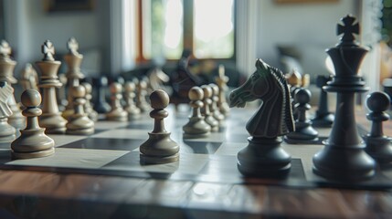 Close-up of a chessboard mid-game, showing knights, pawns, rooks, and kings.