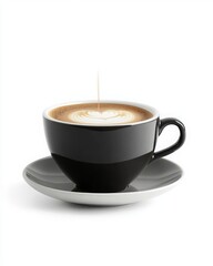 Fototapeta premium Elegant Black Coffee Cup with Cream Pouring, Artistic Heart Shape Latte Art Close-Up on White Background for Minimalist Coffee Lovers and Aesthetic Food Photography
