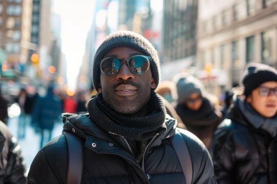 Handsome african american man in black coat and sunglasses on the street