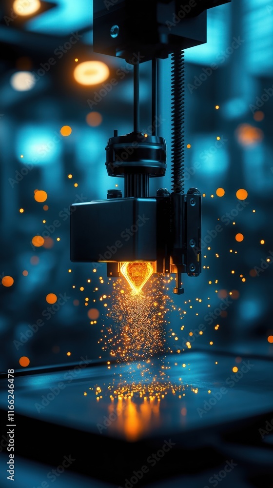 Poster 3d printer produces glowing object. sparks fly in futuristic industrial setting. tech design intrica