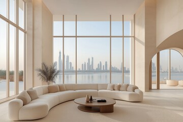 Luxury living room with panoramic view of Dubai cityscape. Modern beige furniture with curved sofa,...