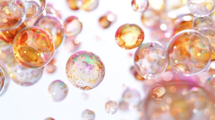 Colorful iridescent soap bubbles floating on white background.