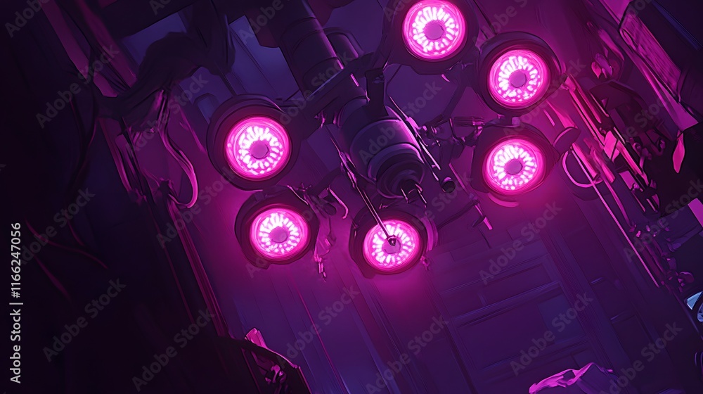 Poster low-angle view of a futuristic surgical lamp with multiple pink lights illuminating a dark room. the