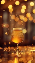 Cold, golden beer in a stemmed glass on a bar, illuminated by bokeh lights.