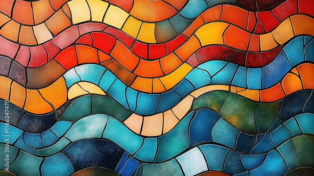 Poster colorful mosaic pattern resembling wavy lines. multicolored tiles create dynamic design. possible ap