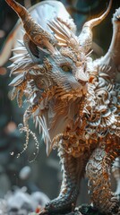 Ornate, winged feline creature with horns, intricate details, and mystical aura.