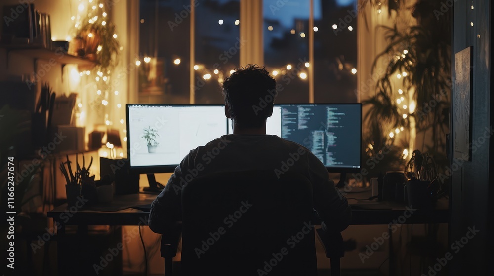Poster man coding late at night in home office. generative ai