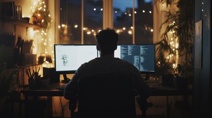 Man coding late at night in home office. generative ai