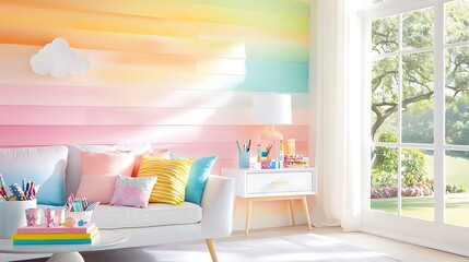 Colorful rainbow wall in a bright, child's playroom with white couch, side table, and window view.