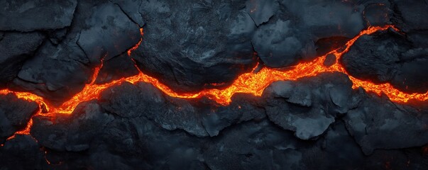 Molten lava flows through fractured volcanic rocks. Hot liquid rock flows in channels between dark gray rocks. Powerful natural phenomena shows destruction, heat. Earth surface shows volcanic