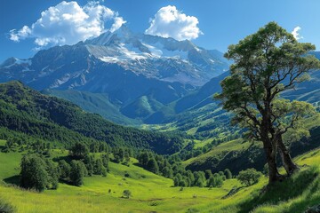 Fototapeta premium Majestic mountain landscape. Green valleys, hillsides. Trees, grass. Snow-capped peaks in background. Scenic view. Natural beauty. Inspiring scenery. Perfect for travel, tourism. Ideal image for