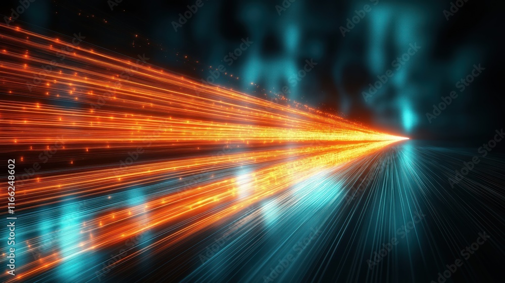 Poster dynamic digital art vibrant orange, teal streams of light converging into sharp point on dark surfac