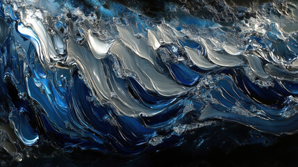 Abstract 3D Flowing Liquid-Like Wave Textures in Blue, Silver, and White Gradient background wallpaper