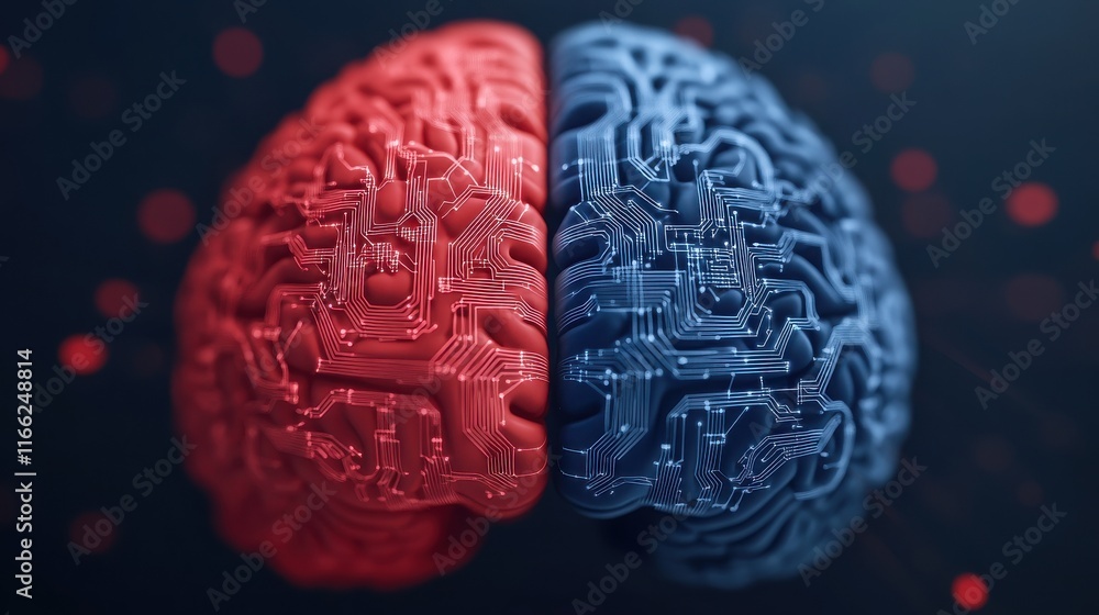 Poster a striking digital representation of a brain, showcasing a unique design blending red and blue circu