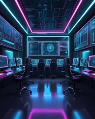 
Futuristic neon-lit control room showcasing advanced technology, cutting-edge digital interfaces, cybersecurity operations, data monitoring, and innovation in modern tech-driven environments for effi